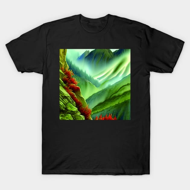 Digital Painting Of a Lush Wet Green Natural Mountains T-Shirt by Promen Art